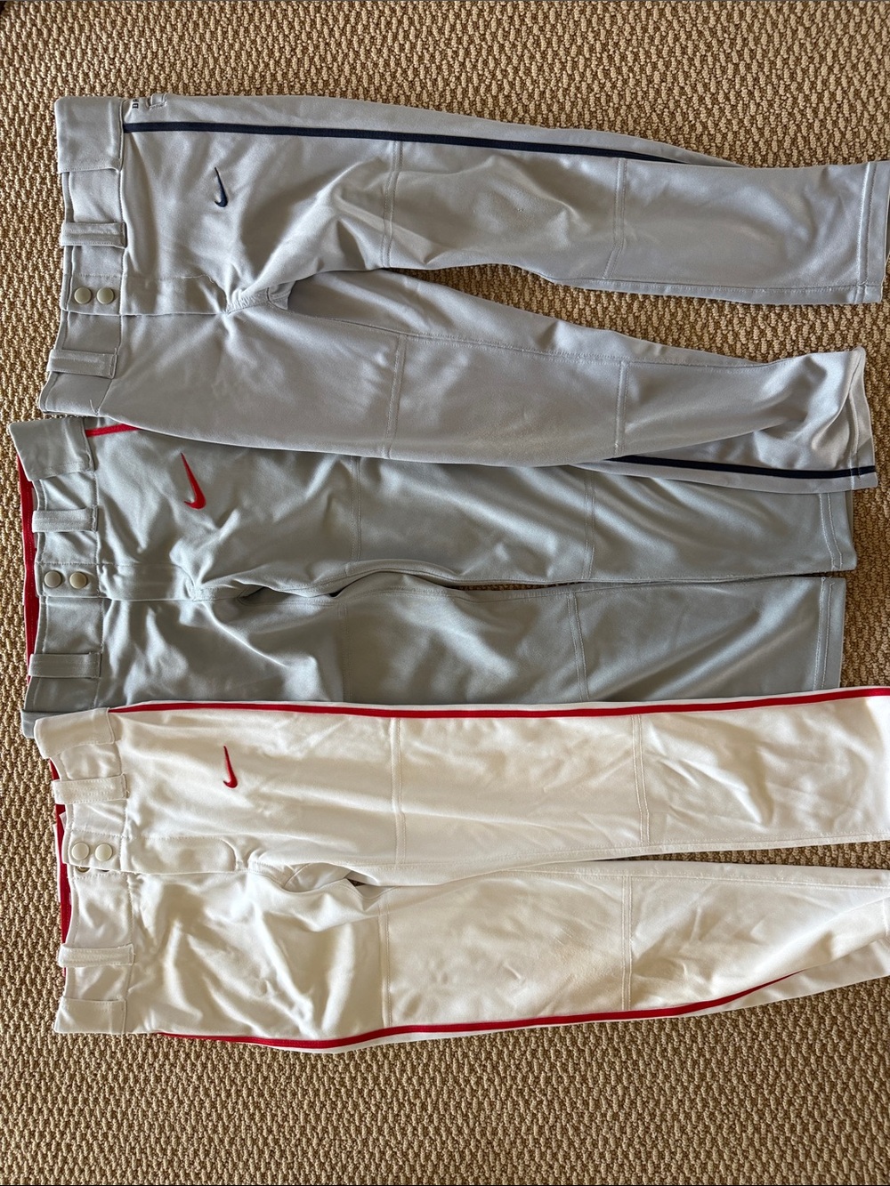 Nike Baseball Pants Set — Gray, Light Gray, White with Red & Navy Accents, XS